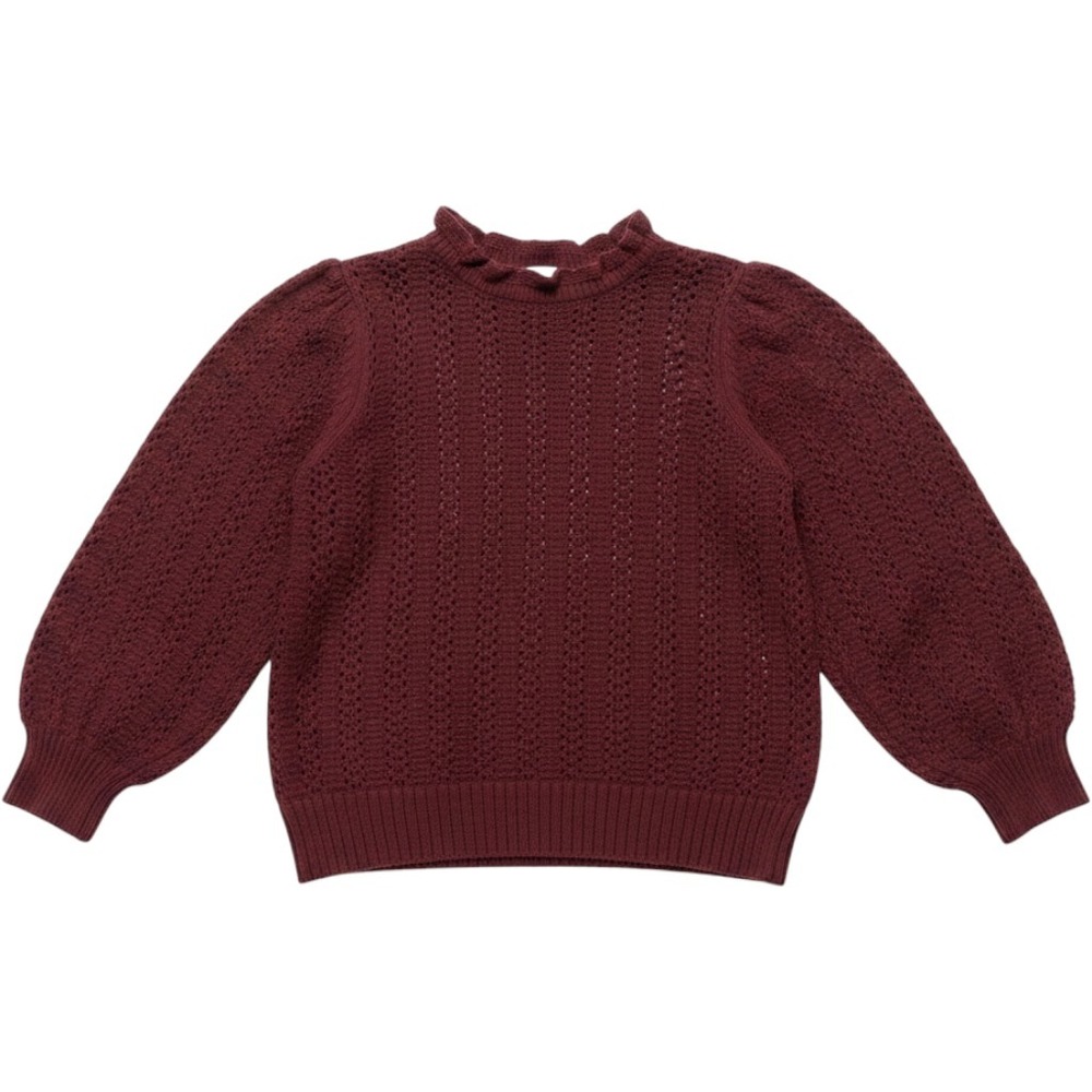 ANA A New Approach Burgundy Pointelle Knit Ruffle Neck Puff Sleeve Sweater M